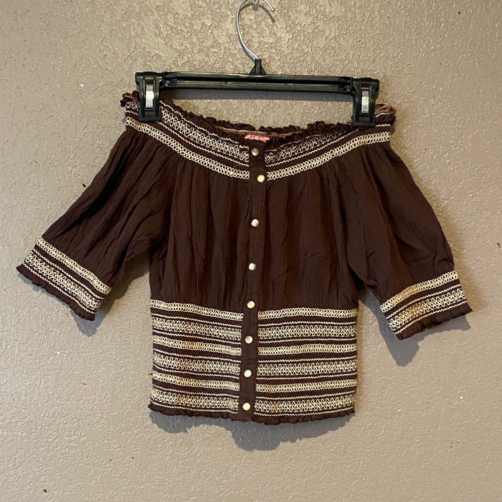 She's Cool Brown and Cream Off-Shoulder Blouse